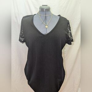 Black Lace Sleeve V-Neck Top